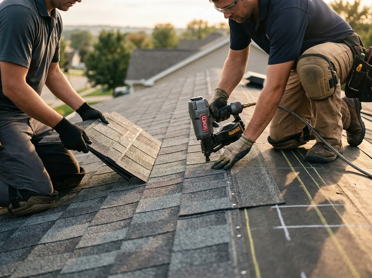Professional roofer working on a residential roof in Bridgeport